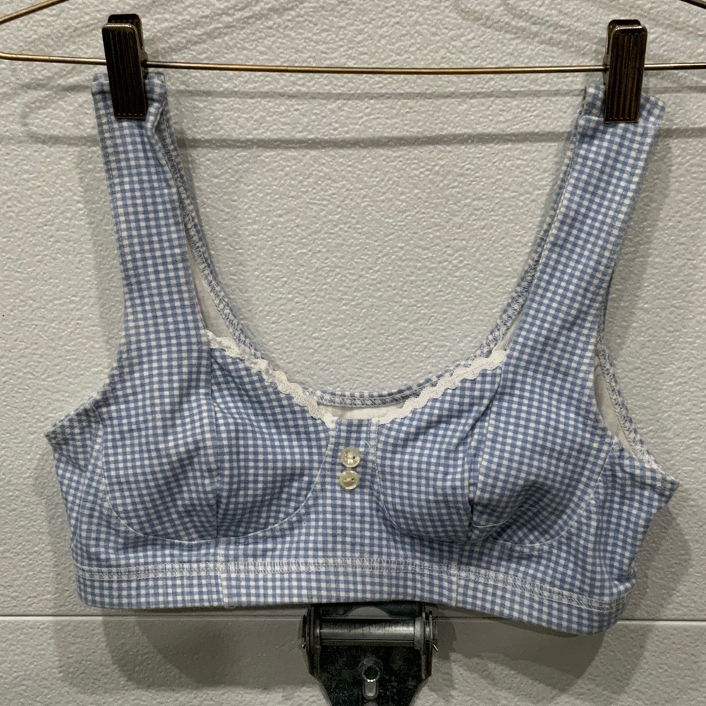Blue Gingham Lace-Trim Crop Bralette